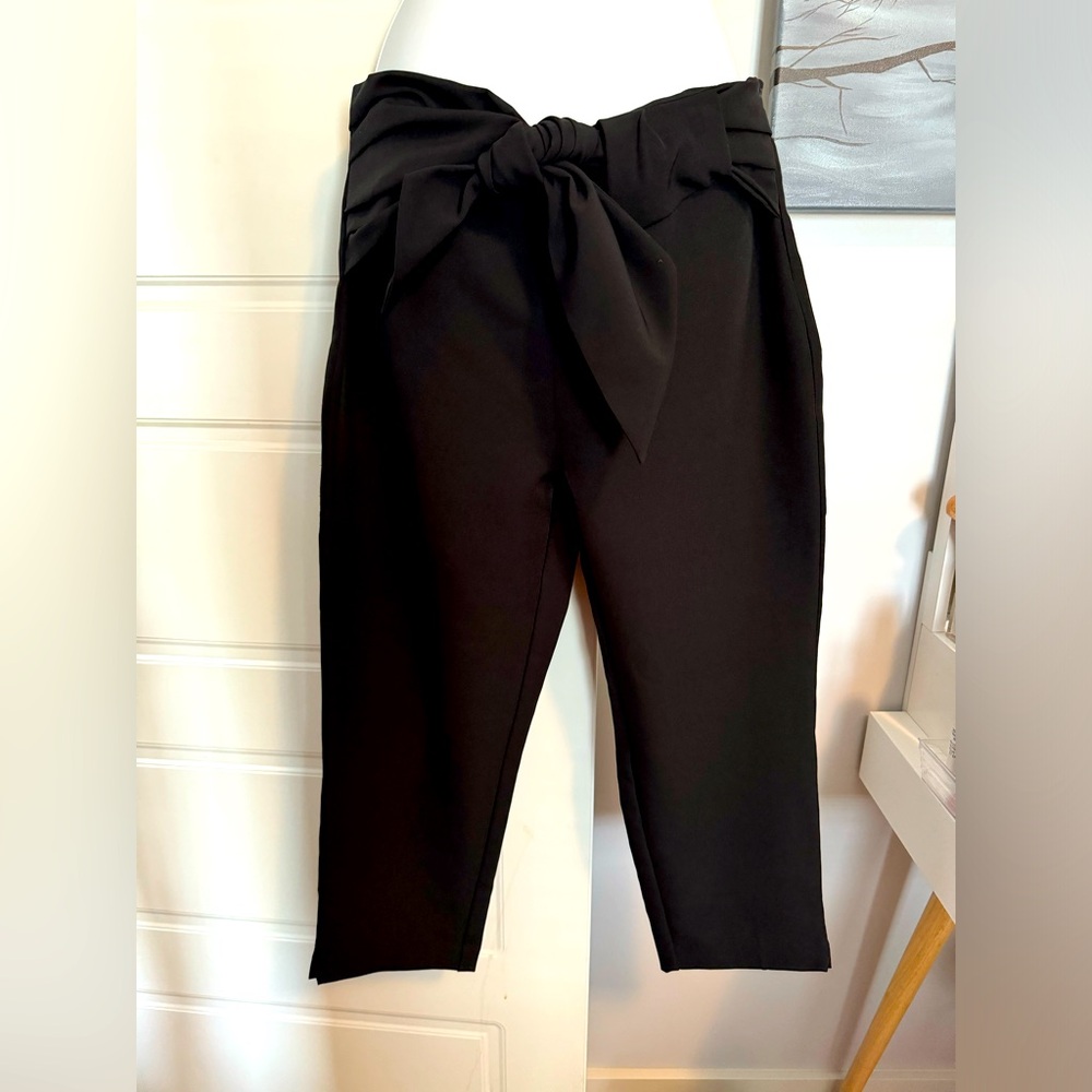 Cropped black dress pants with sash belt
